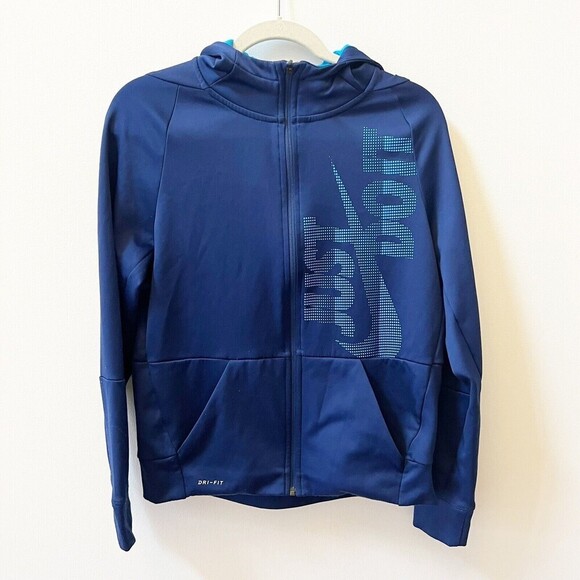 Nike Dri Fit Therma Boys XL Blue Full Zip Track Jacket Hooded Spell Out Logo - Picture 1 of 10
